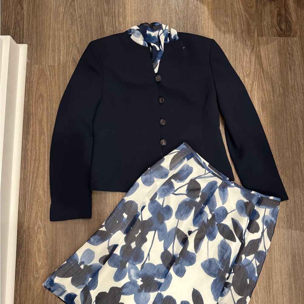 Evan Picone Navy Blazer with Blue Floral Skirt